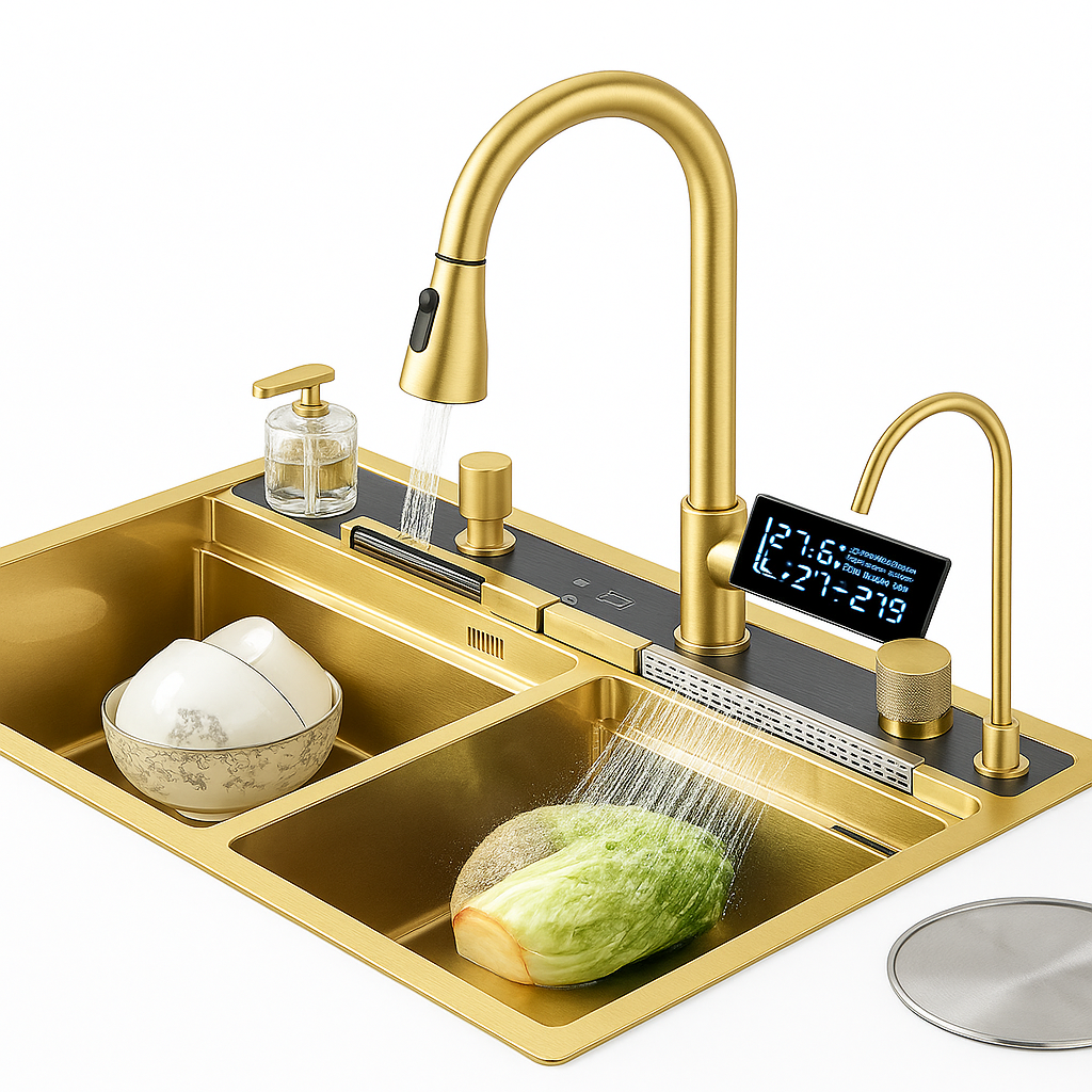 Golden Smart Digital Display Integrated Kitchen Sink Set Temperature Control Waterfall Water Purifier Soap Dispenser Cup Washer E Power Solutions