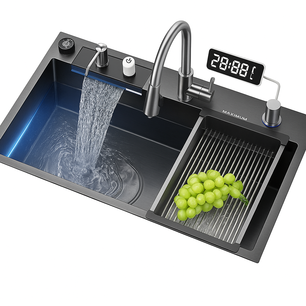 304 Stainless Steel Waterfall Kitchen Sink Large Single Slot Integrated Digital Display Faucet Set Soap Dispenser Cup Washer E Power Solutions